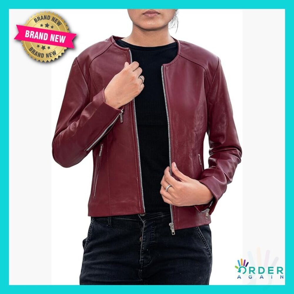 Slim Fit Lambskin Leather Jacket Collarless Elegant Lightweight Modern Chic